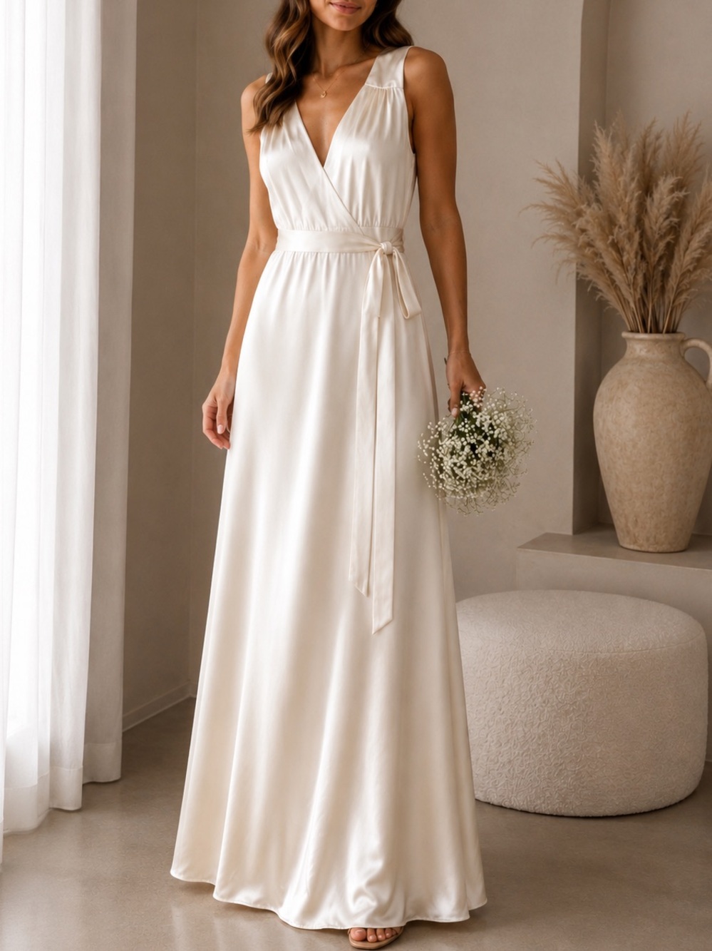 Baltic Born Ivory Satin Tie Waist Maxi Dress NWT Bridal Minimalist Size L